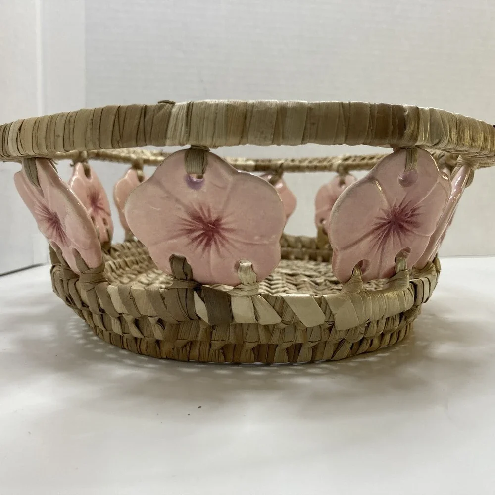 Rare Vintage Woven‎ Raffia Market With Porcelain Hibiscus Flower Adornment 11'